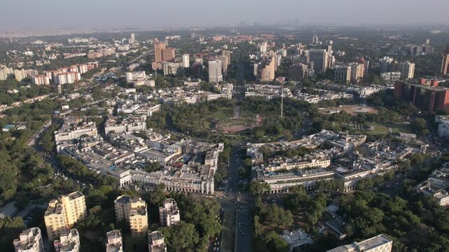 Aerial Drone shot of Connaught Place Cp in New Delhi capital city of India barakhamba road central market central park indian flag inner circle outer circle
