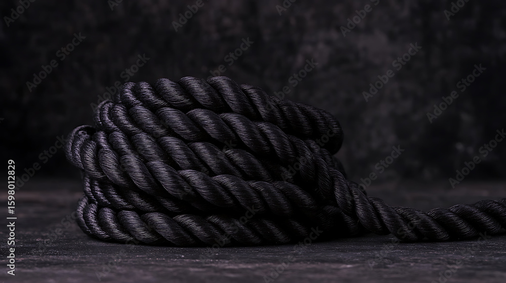 Poster coiled black rope on a dark textured surface, showing texture and depth. close-up emphasizes the str