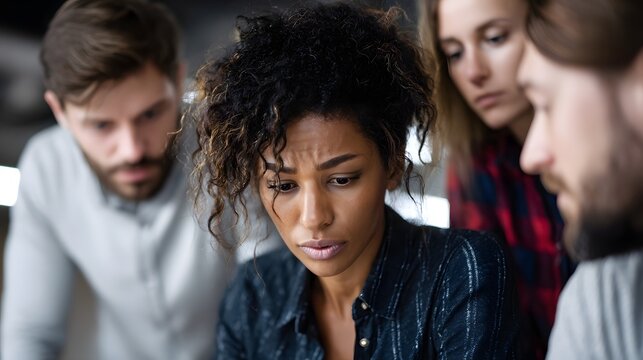 Team members providing emotional support to stressed coworker in the workplace