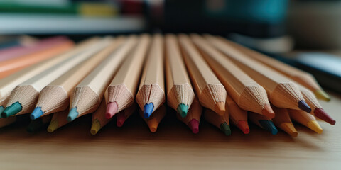 Close-up of Sharpened Colored Pencils on Wooden Surface