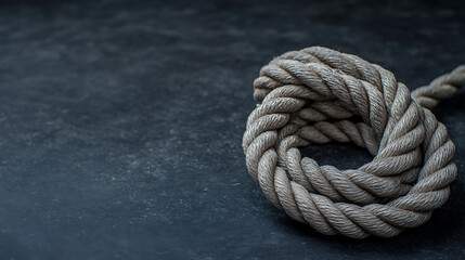 Fototapeta premium Rope coil on dark surface with shallow depth of field for nautical, safety, or adventure theme.