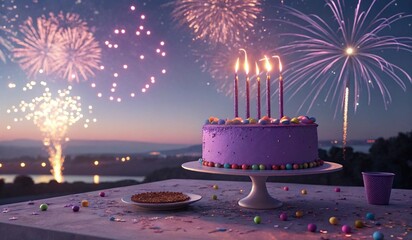 A vibrant birthday cake with purple frosting, adorned with colorful star decorations, sits on a festive table. Topped with candles spelling HAPPY and sparklers, the cake is flanked by two cupcakes and