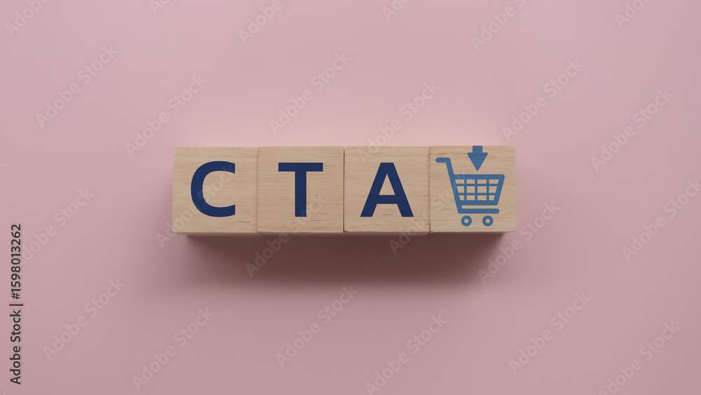 Poster cta letters on wooden blocks with a shopping cart icon, representing a call to action in e-commerce,
