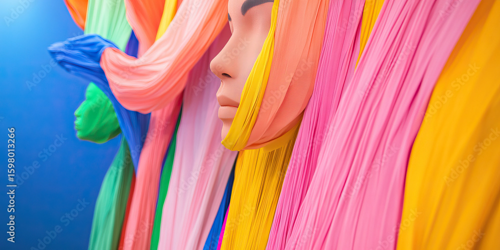 Poster mannequin partially covered by multicolored draped fabric
