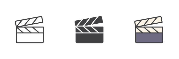 Clapperboard icon set in line, solid and filled outline style
