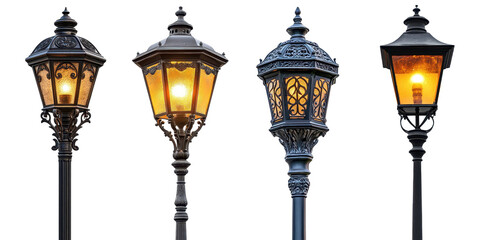 set of antique night street light isolated on transparent background