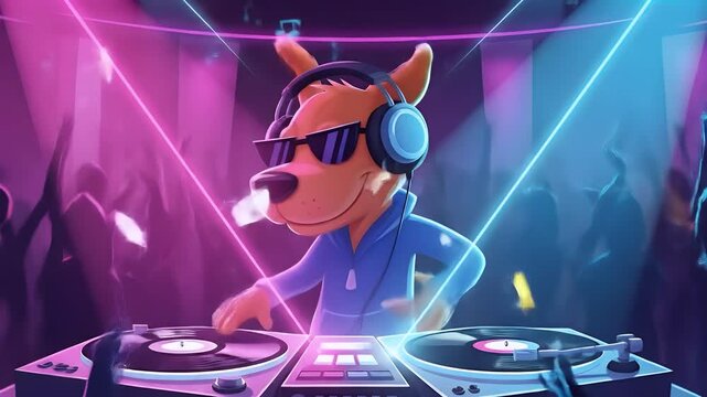 Cartoon dog DJ mixing music at neon party for animated dance scene or kids music content