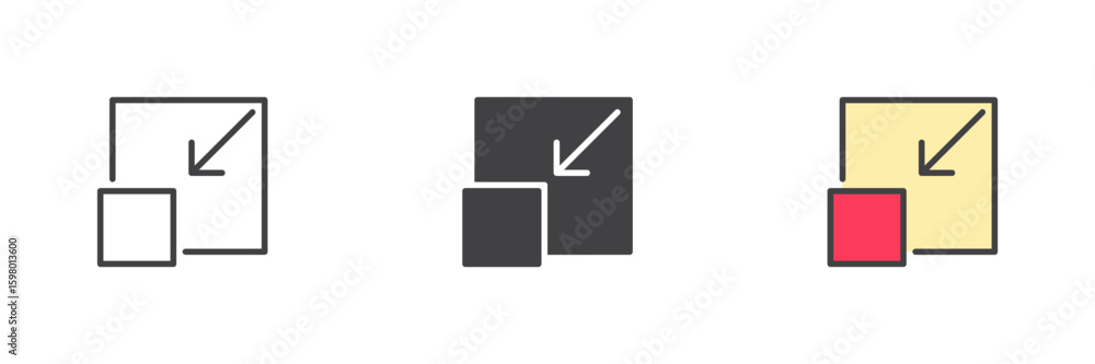 Poster shrink screen icon set in line, solid and filled outline style