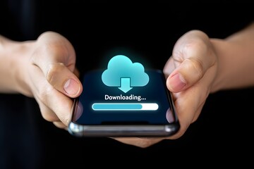 Download processing data concept. Downloading data from cloud storage. Person using laptop with downloading bar on virtual screen for download files.