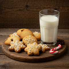Festive Christmas cookies and milk still life on rustic wood, isolated. 8K.