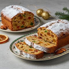 Festive Christmas Fruitcake Slices with Candied Fruit and Nuts on Display.