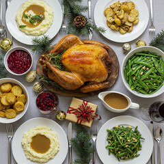 Festive Christmas Dinner Table Setting with Roasted Turkey and Delicious Sides.