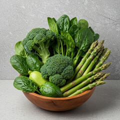 Fresh Green Vegetables Still Life in Wooden Bowl, Healthy Eating Concept.