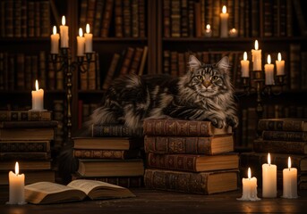 Enchanting halloween scene with cat in candlelit library setting