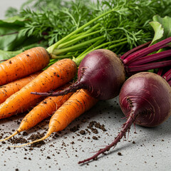 Freshly Harvested Root Vegetables with Soil on Modern Background in 8k.