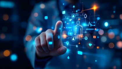 Hand pointing at digital information about patient health information.