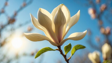 Obraz premium Magnolia flower in bloom on a sunny day with a bright blue sky and blurred background.