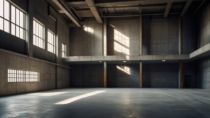 Fototapeta premium Empty Brutalist Concrete Warehouse Interior with Sunlight
