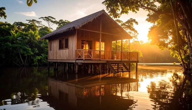 Cabin Over Water at Sunrise Tropical Getaway Reflection - Powered by Adobe