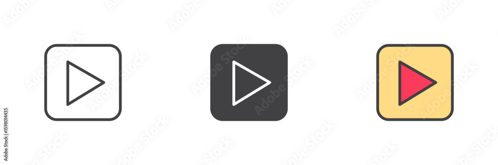 Poster play button icon set in line, solid and filled outline style