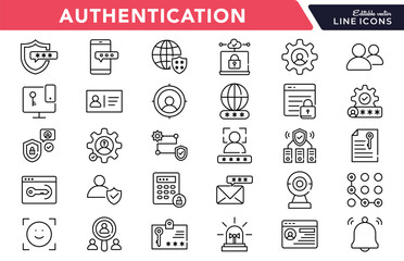 Authentication linear icon set. Password, security, lock, privacy, login, access, identity, user, cyber, encryption, firewall, verification, digital protection, vector icon set. UI thin line icon pack