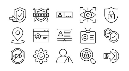 Authentication linear icon set. Password, security, lock, privacy, login, access, identity, user, cyber, encryption, firewall, verification, digital protection, vector icon set. UI thin line icon pack