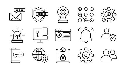 Authentication linear icon set. Password, security, lock, privacy, login, access, identity, user, cyber, encryption, firewall, verification, digital protection, vector icon set. UI thin line icon pack