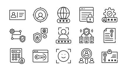 Authentication linear icon set. Password, security, lock, privacy, login, access, identity, user, cyber, encryption, firewall, verification, digital protection, vector icon set. UI thin line icon pack
