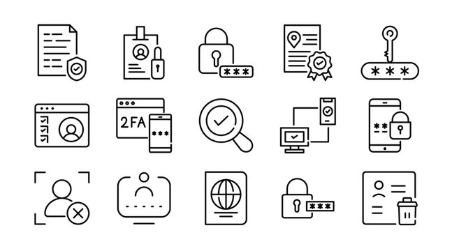 Authentication linear icon set. Password, security, lock, privacy, login, access, identity, user, cyber, encryption, firewall, verification, digital protection, vector icon set. UI thin line icon pack