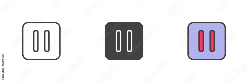 Poster pause button icon set in line, solid and filled outline style