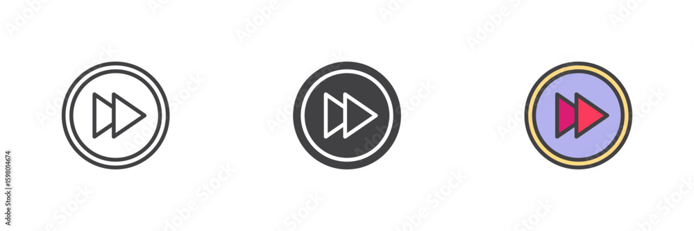 Aufkleber fast forward icon set in line, solid and filled outline style
