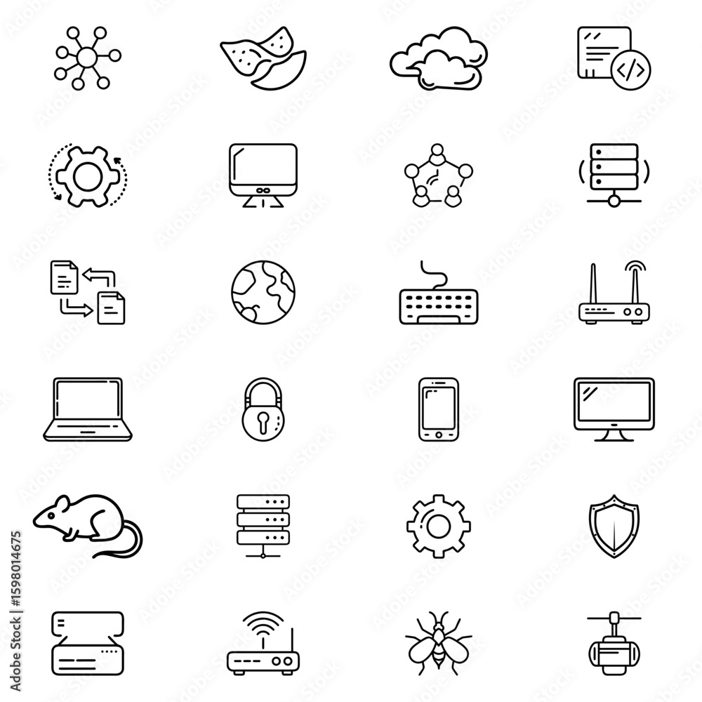 Poster illustration of networking technology elements including computers, servers, and security features