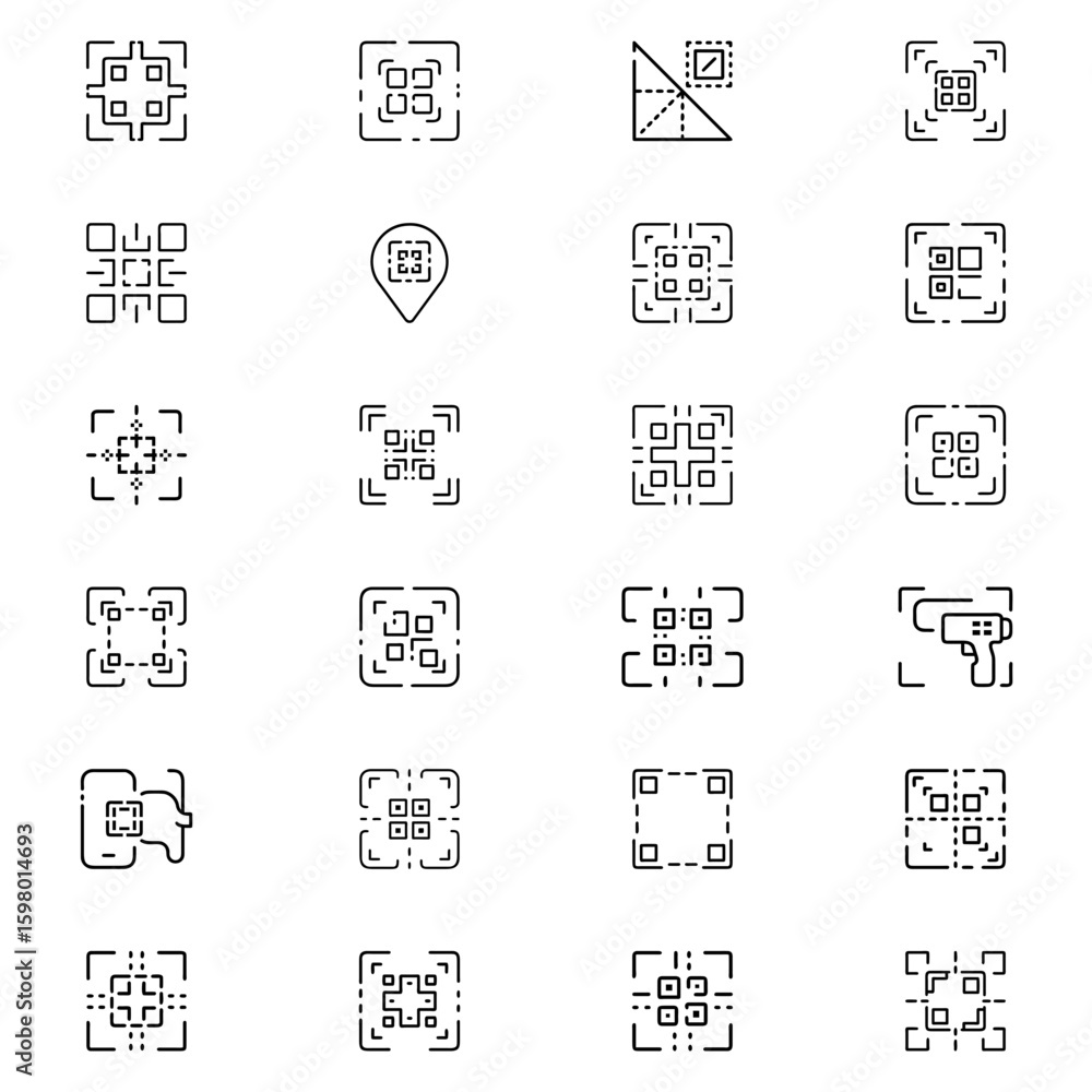 Poster a collection of qr code icons featuring various designs and scanning related symbols in a simple lin