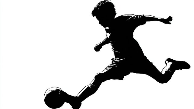 Child's silhouette kicks a soccer ball with powerful leg motion on a white background