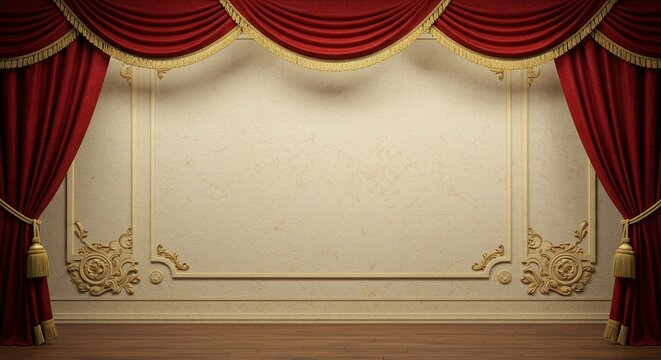Elegant presentation with draped curtains framing a decorative cream wall and polished wood floor. A classic stage backdrop.