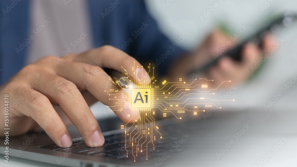 Poster close-up of a hand using a laptop with an ai chip glowing icon, representing artificial intelligence
