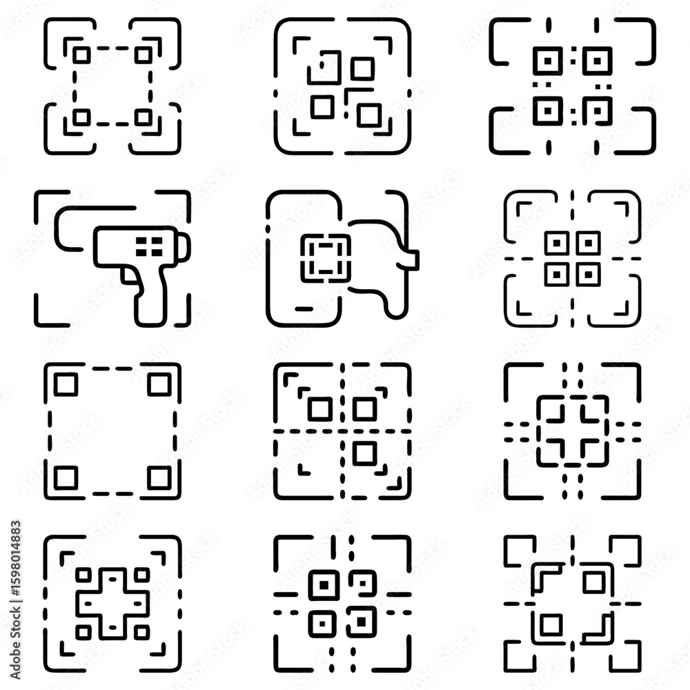 Poster collection of qr code scanning icons featuring various scan methods and qr code designs icon set
