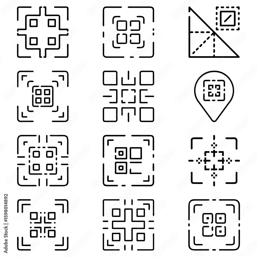 Poster collection of twelve distinct qr code scanning icons with varying styles and design elements present
