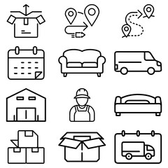 Outline icons depicting moving services including boxes furniture delivery truck and a moving professional