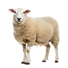 A fluffy white sheep standing and looking forward isolated on transparent background