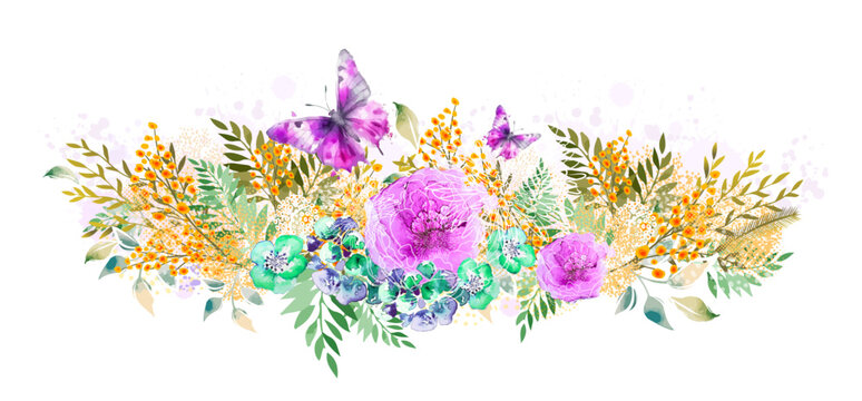 Abstract flower arrangement. Watercolor flowers. hand drawn Not AI, Vector illustration.