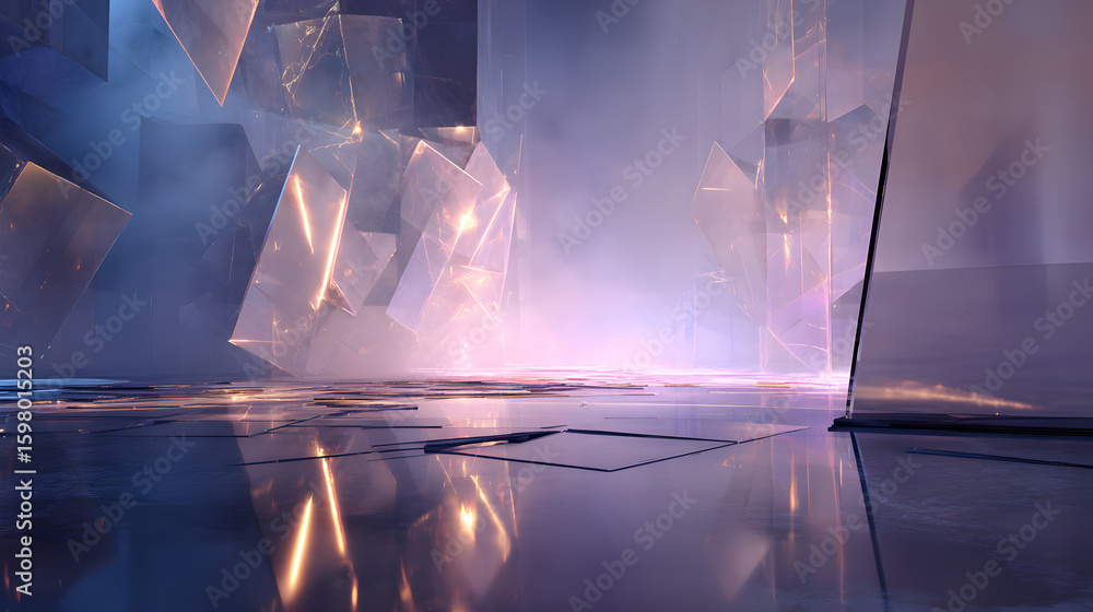 Poster abstract futuristic background with illuminated geometric shapes and reflective surfaces creating a 