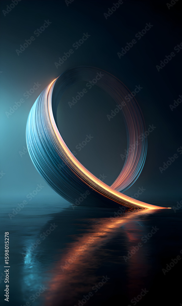 Poster abstract luminous circle with golden and blue highlights reflecting on a dark surface sleek modern d