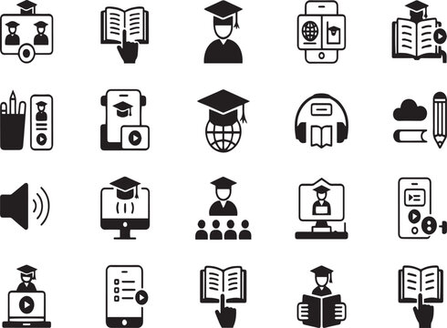 A set of online education icons depicts various aspects of digital learning, including studying, attending courses, and graduating, isolated on white background