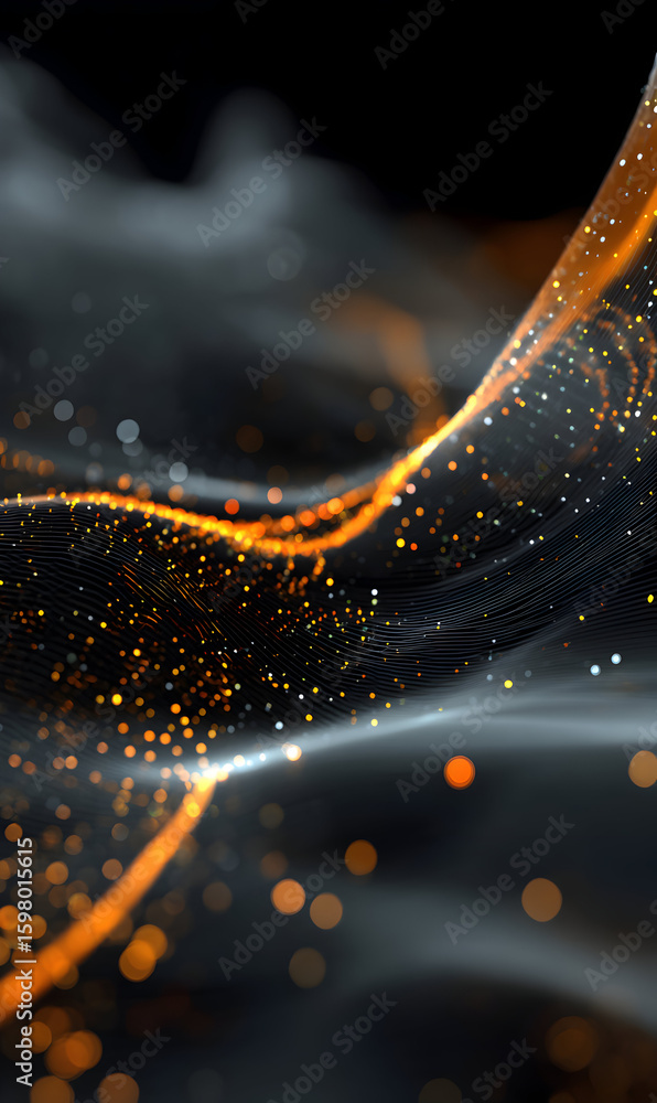 Poster abstract flowing dark fabric with golden sparkling particles and glowing effect for modern luxurious