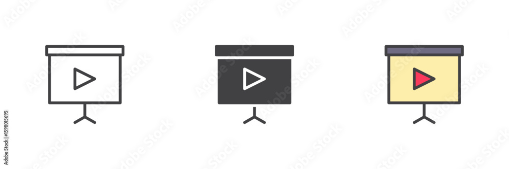 Poster presentation screen icon set in line, solid and filled outline style