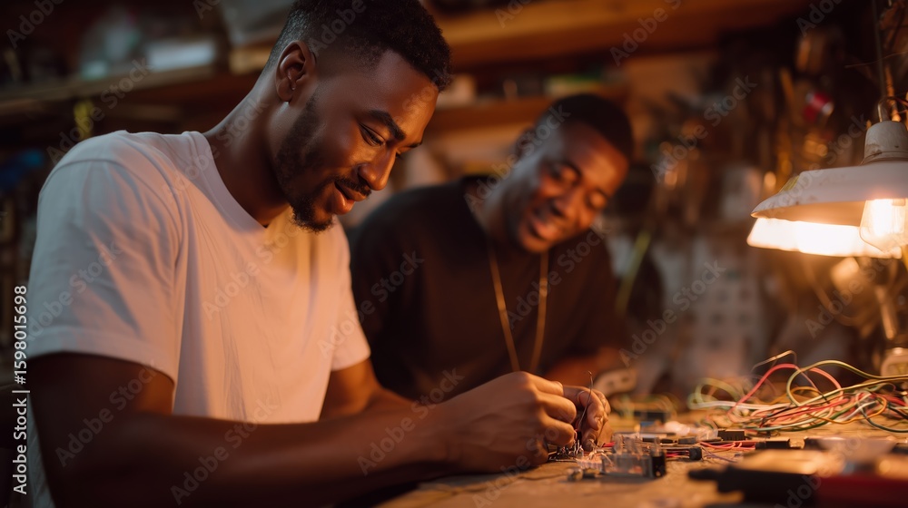 Poster two men working together on electronics projects in a workshop during evening hours while sharing la