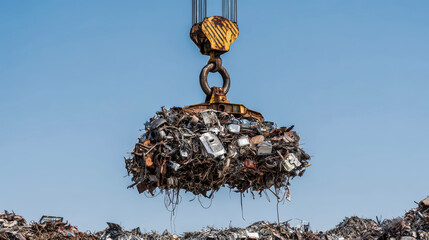 Crane magnet lifts scrap metal against a clear sky in a bustling recycling area