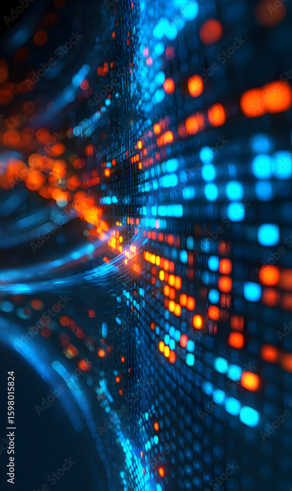 Poster abstract data stream with glowing particles in blue and orange creating a dynamic background for inn