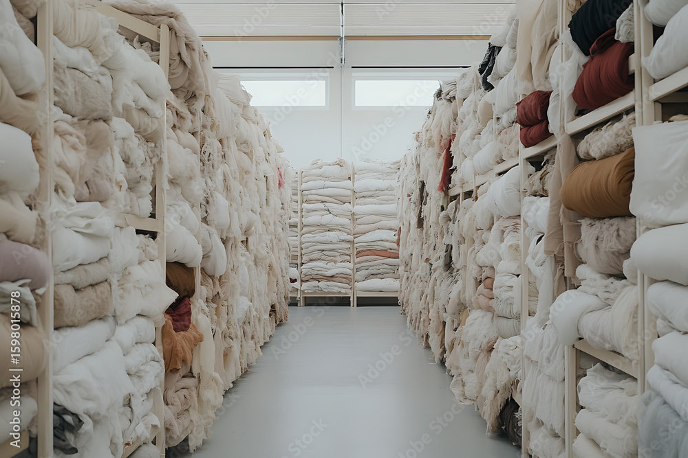 Aufkleber warehouse space with shelves densely packed with neatly folded and rolled textiles, creating a sense